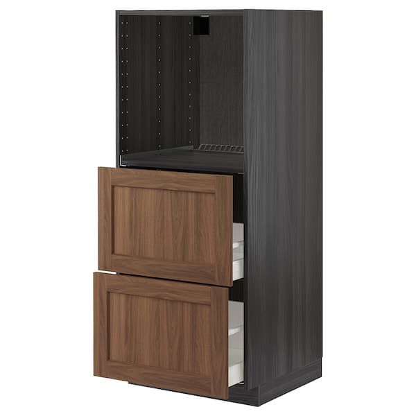 METOD / MAXIMERA - High cabinet w 2 drawers for oven, black Enköping/brown walnut effect, 60x60x140 cm