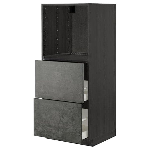 METOD / MAXIMERA High cabinet/2 drawers for oven - black/Kalhyttan cement effect dark grey 60x60x140 cm , 60x60x140 cm