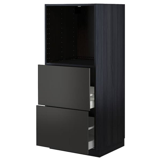 Ikea METOD / MAXIMERA - High cabinet w 2 drawers for oven, black/Nickebo matt anthracite , 60x60x140 cm