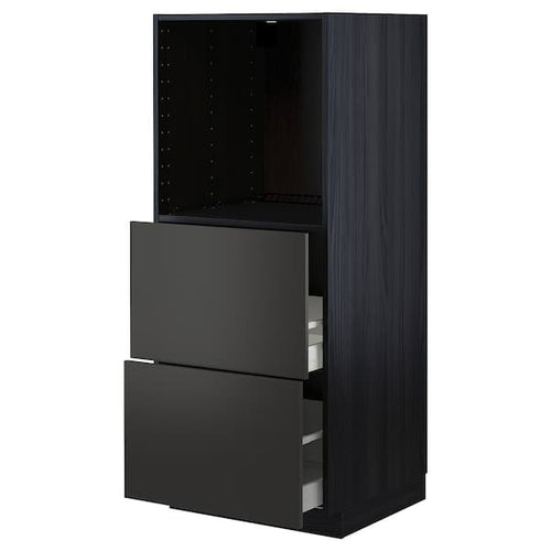 METOD / MAXIMERA - High cabinet w 2 drawers for oven, black/Nickebo matt anthracite , 60x60x140 cm