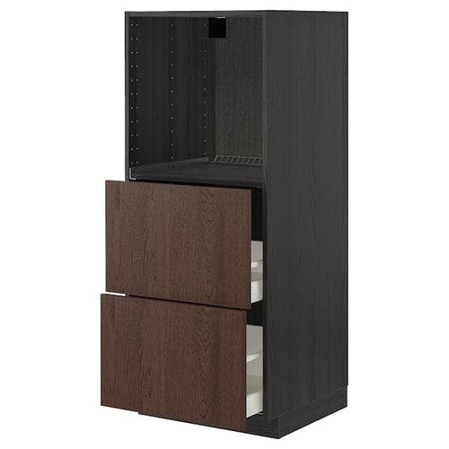 METOD / MAXIMERA - High cabinet w 2 drawers for oven, black/Sinarp brown , 60x60x140 cm