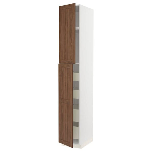 Ikea METOD / MAXIMERA - Hi cab w 2 doors/4 drawers, white Enköping/brown walnut effect, 40x60x240 cm