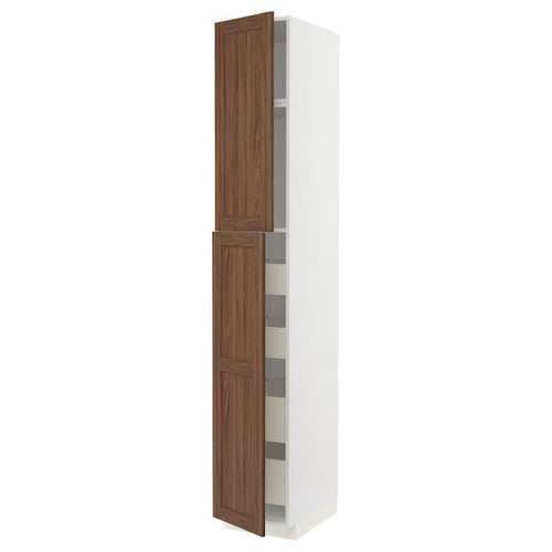 METOD / MAXIMERA - Hi cab w 2 doors/4 drawers, white Enköping/brown walnut effect, 40x60x240 cm