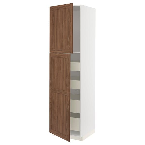 METOD / MAXIMERA - Hi cab w 2 doors/4 drawers, white Enköping/brown walnut effect, 60x60x220 cm