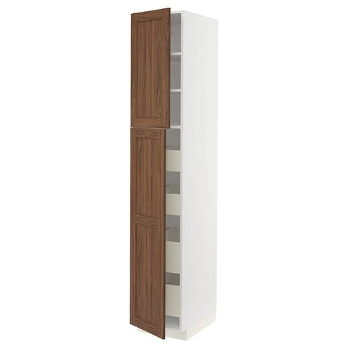 METOD / MAXIMERA - Hi cab w 2 doors/4 drawers, white Enköping/brown walnut effect, 40x60x220 cm