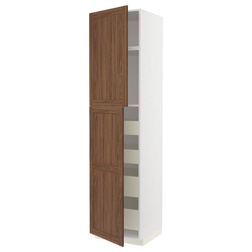 METOD / MAXIMERA - Hi cab w 2 doors/4 drawers, white Enköping/brown walnut effect, 60x60x240 cm