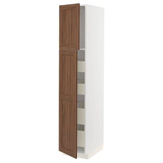 Ikea METOD / MAXIMERA - Hi cab w 2 doors/4 drawers, white Enköping/brown walnut effect, 40x60x200 cm