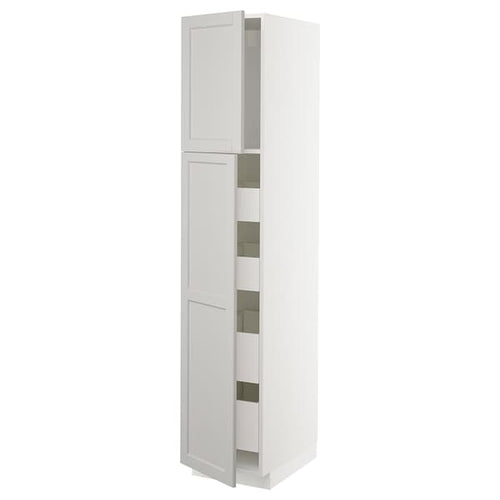 METOD / MAXIMERA hi cab w 2 doors/4 drawers, white/Lerhyttan light grey, 40x60x200 cm