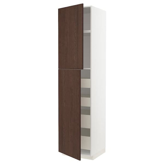 Ikea METOD / MAXIMERA - Hi cab w 2 doors/4 drawers, white/Sinarp brown, 60x60x240 cm