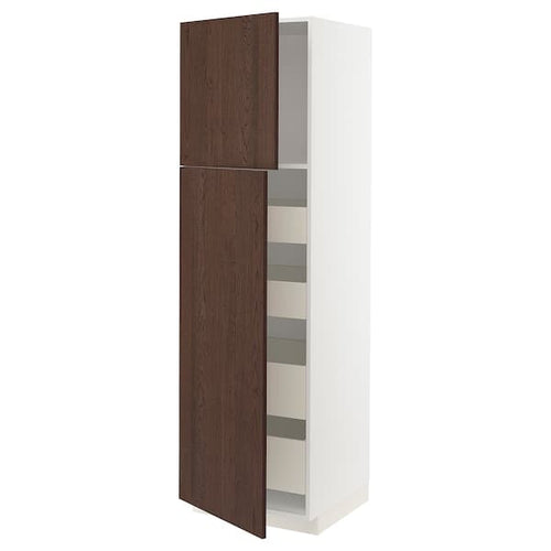 METOD / MAXIMERA - Hi cab w 2 doors/4 drawers, white/Sinarp brown , 60x60x200 cm