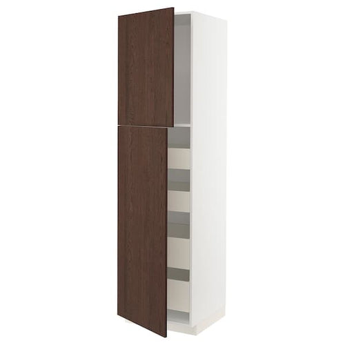 METOD / MAXIMERA - Hi cab w 2 doors/4 drawers, white/Sinarp brown , 60x60x220 cm