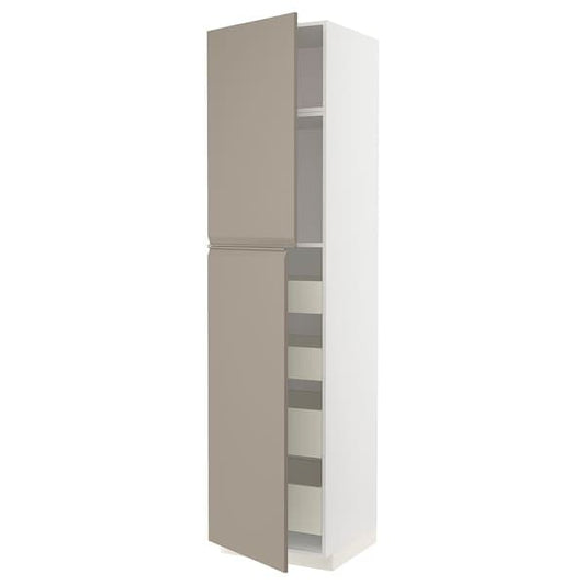 METOD / MAXIMERA - Hi cab w 2 doors/4 drawers, white/Upplöv matt dark beige, 60x60x240 cm - best price from Maltashopper.com 89491702