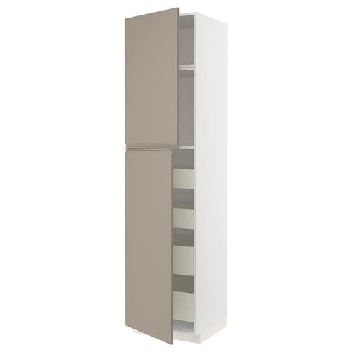 METOD / MAXIMERA hi cab w 2 doors/4 drawers, white/Upplöv matt dark beige, 60x60x240 cm