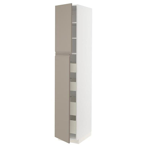 METOD / MAXIMERA hi cab w 2 doors/4 drawers, white/Upplöv matt dark beige, 40x60x220 cm