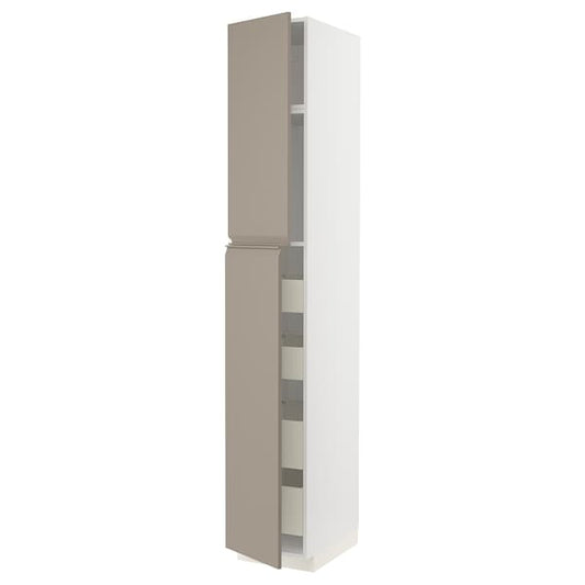 METOD / MAXIMERA - Hi cab w 2 doors/4 drawers, white/Upplöv matt dark beige, 40x60x240 cm - best price from Maltashopper.com 99492225
