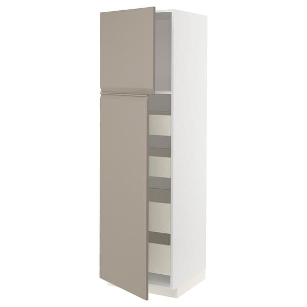 METOD / MAXIMERA - Hi cab w 2 doors/4 drawers, white/Upplöv matt dark beige, 60x60x200 cm - best price from Maltashopper.com 99492391