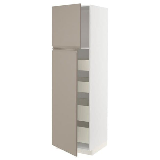 METOD / MAXIMERA - Hi cab w 2 doors/4 drawers, white/Upplöv matt dark beige, 60x60x200 cm - best price from Maltashopper.com 99492391