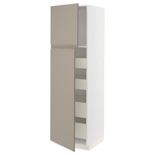 METOD / MAXIMERA hi cab w 2 doors/4 drawers, white/Upplöv matt dark beige, 60x60x200 cm