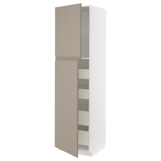 METOD / MAXIMERA - Hi cab w 2 doors/4 drawers, white/Upplöv matt dark beige, 60x60x220 cm - best price from Maltashopper.com 29492078