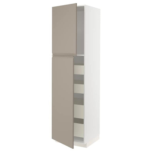 METOD / MAXIMERA hi cab w 2 doors/4 drawers, white/Upplöv matt dark beige, 60x60x220 cm