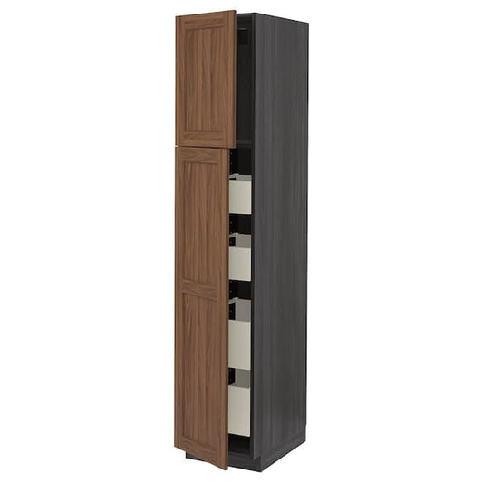 Ikea METOD / MAXIMERA - Hi cab w 2 doors/4 drawers, black Enköping/brown walnut effect, 40x60x200 cm