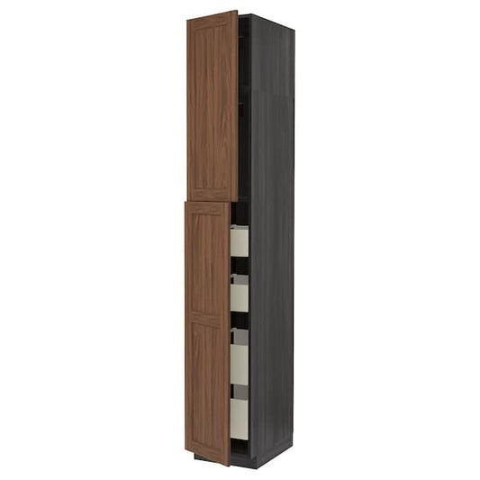 Ikea METOD / MAXIMERA - Hi cab w 2 doors/4 drawers, black Enköping/brown walnut effect, 40x60x240 cm