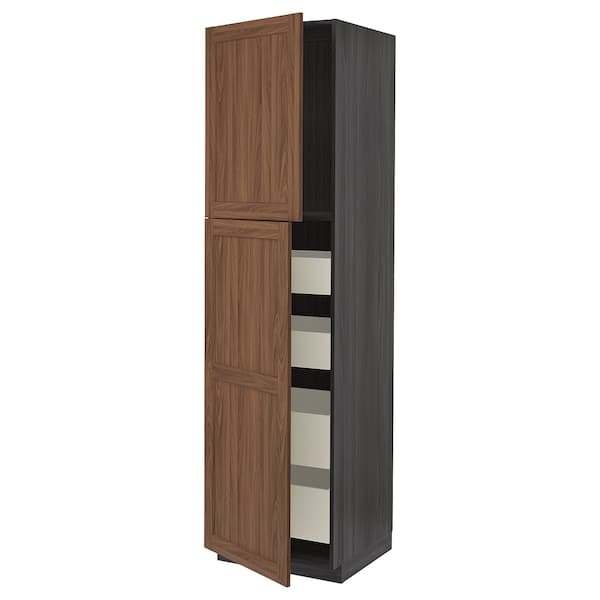 METOD / MAXIMERA - Hi cab w 2 doors/4 drawers, black Enköping/brown walnut effect, 60x60x220 cm