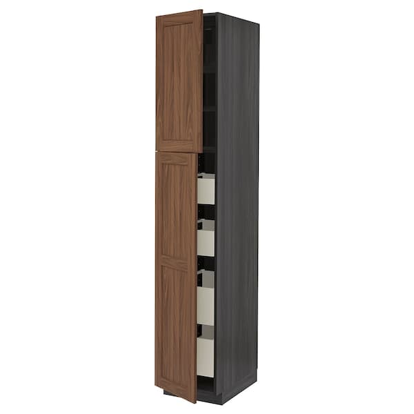 METOD / MAXIMERA - Hi cab w 2 doors/4 drawers, black Enköping/brown walnut effect, 40x60x220 cm