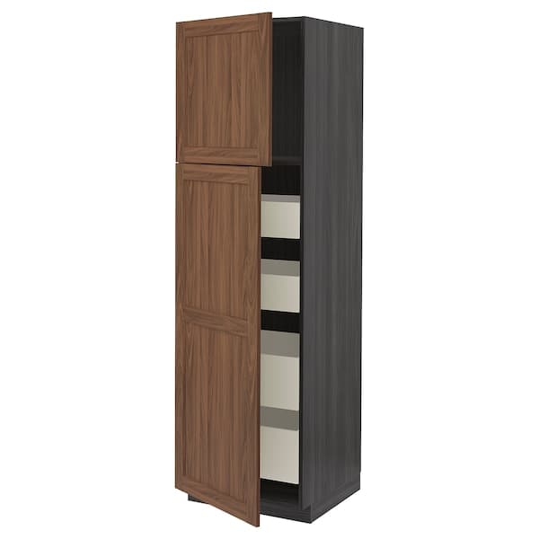 METOD / MAXIMERA - Hi cab w 2 doors/4 drawers, black Enköping/brown walnut effect, 60x60x200 cm - best price from Maltashopper.com 99476720