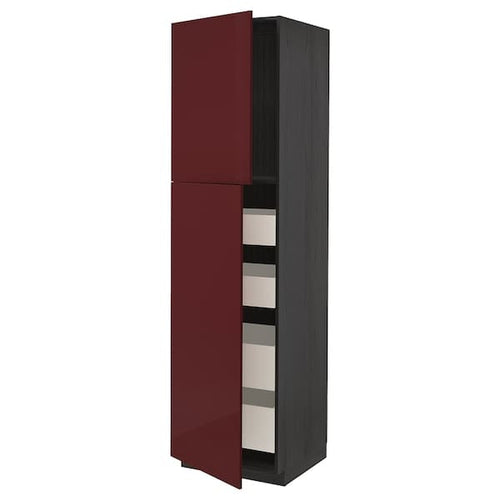 METOD / MAXIMERA - Hi cab w 2 doors/4 drawers, black Kallarp/high-gloss dark red-brown, 60x60x220 cm