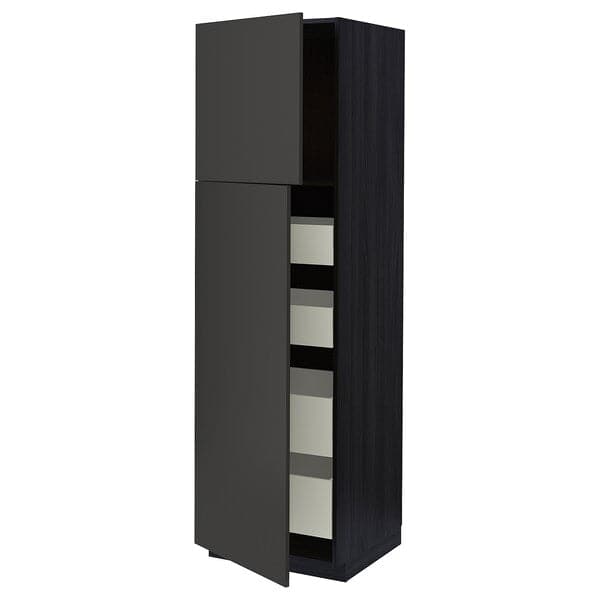 METOD / MAXIMERA - Hi cab w 2 doors/4 drawers, black/Nickebo matt anthracite, 60x60x200 cm