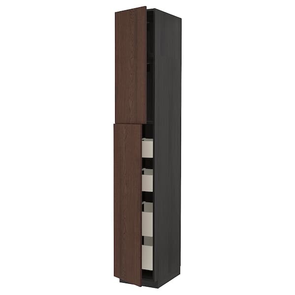 METOD / MAXIMERA - Hi cab w 2 doors/4 drawers, black/Sinarp brown, 40x60x240 cm