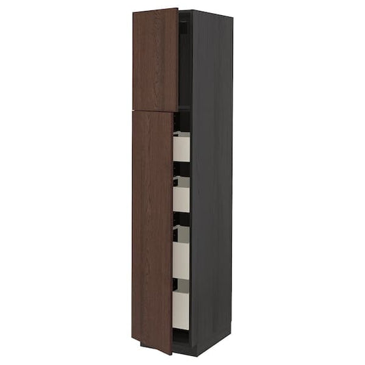 Ikea METOD / MAXIMERA - Hi cab w 2 doors/4 drawers, black/Sinarp brown , 40x60x200 cm