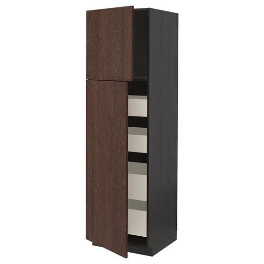 METOD / MAXIMERA - Hi cab w 2 doors/4 drawers, black/Sinarp brown , 60x60x200 cm - best price from Maltashopper.com 19455335