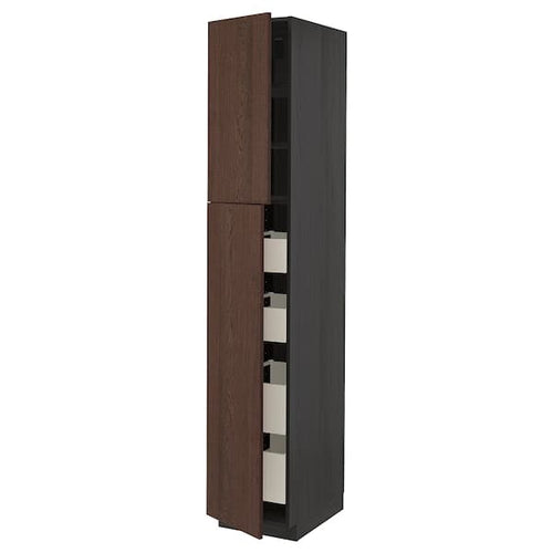 METOD / MAXIMERA - Hi cab w 2 doors/4 drawers, black/Sinarp brown , 40x60x220 cm