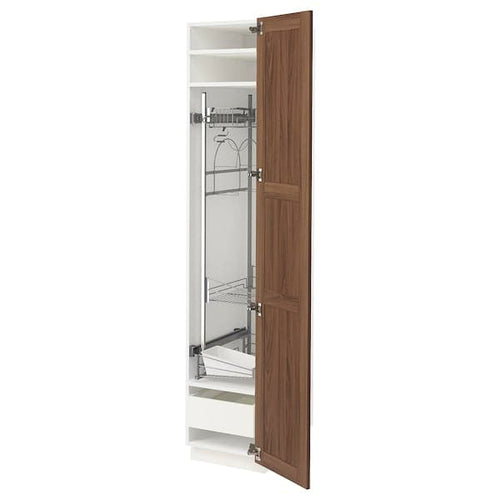 METOD / MAXIMERA - High cabinet with cleaning interior, white Enköping/brown walnut effect, 40x60x200 cm