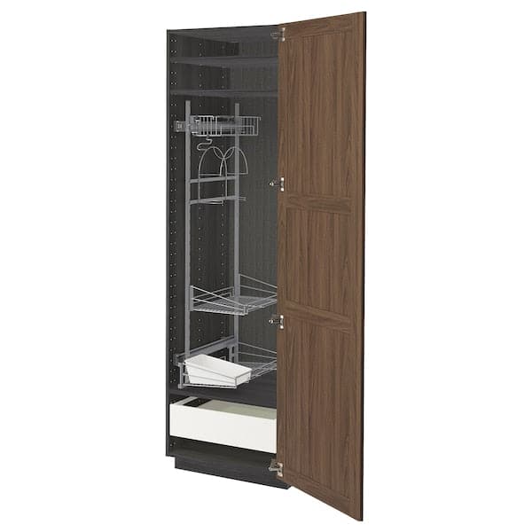 METOD / MAXIMERA - High cabinet with cleaning interior, black Enköping/brown walnut effect, 60x60x200 cm - best price from Maltashopper.com 09476710