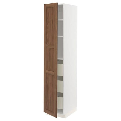 METOD / MAXIMERA - High cabinet with drawers, white Enköping/brown walnut effect, 40x60x200 cm