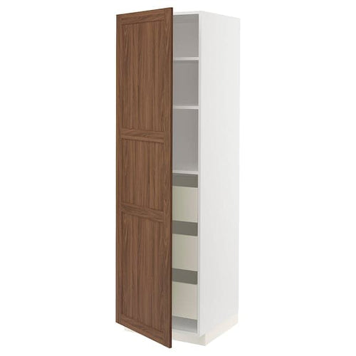 METOD / MAXIMERA - High cabinet with drawers, white Enköping/brown walnut effect, 60x60x200 cm