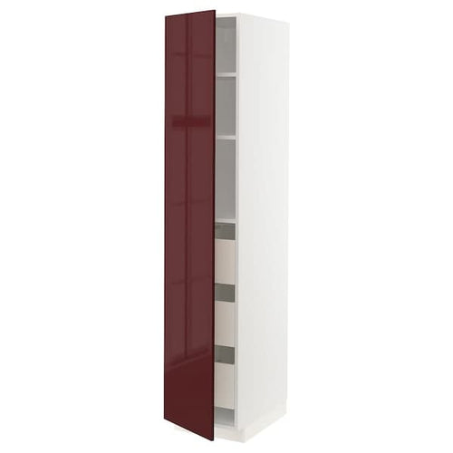 METOD / MAXIMERA - High cabinet with drawers, white Kallarp/high-gloss dark red-brown , 40x60x200 cm
