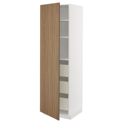 METOD / MAXIMERA - High cabinet with drawers, white/Tistorp brown walnut effect, 60x60x200 cm