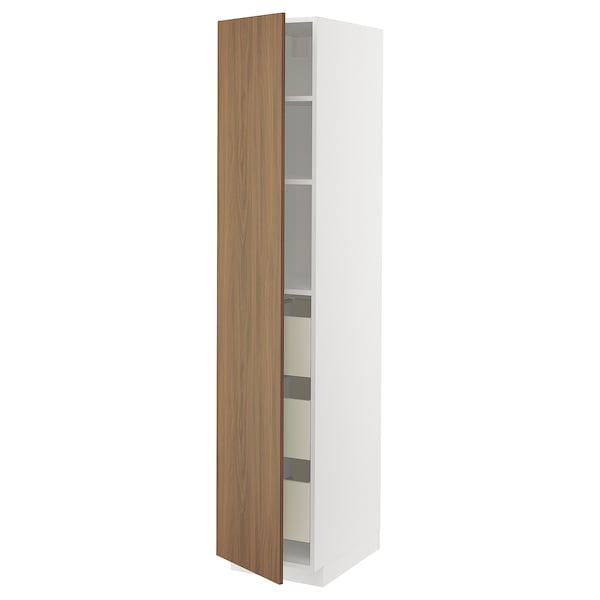 METOD / MAXIMERA - High cabinet with drawers, white/Tistorp brown walnut effect, 40x60x200 cm