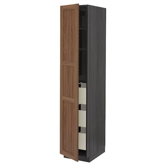 Ikea METOD / MAXIMERA - High cabinet with drawers, black Enköping/brown walnut effect, 40x60x200 cm