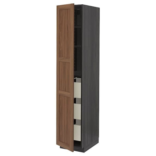 METOD / MAXIMERA - High cabinet with drawers, black Enköping/brown walnut effect, 40x60x200 cm