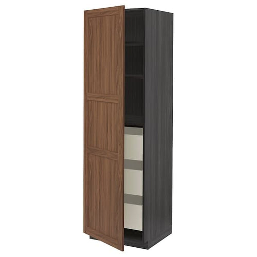 METOD / MAXIMERA - High cabinet with drawers, black Enköping/brown walnut effect, 60x60x200 cm