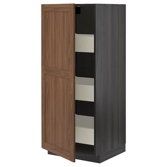 Ikea METOD / MAXIMERA - High cabinet with drawers, black Enköping/brown walnut effect, 60x60x140 cm