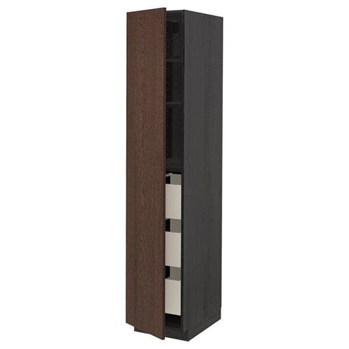 METOD / MAXIMERA - High cabinet with drawers, black/Sinarp brown , 40x60x200 cm