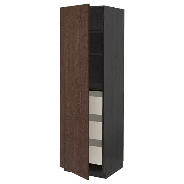 METOD / MAXIMERA - High cabinet with drawers, black/Sinarp brown, 60x60x200 cm