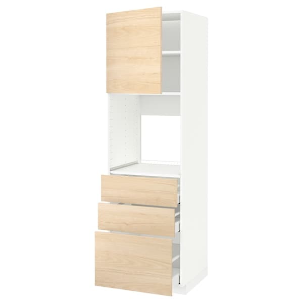 METOD / MAXIMERA - High cab f oven w door/3 drawers, white/Askersund light ash effect, 60x60x200 cm