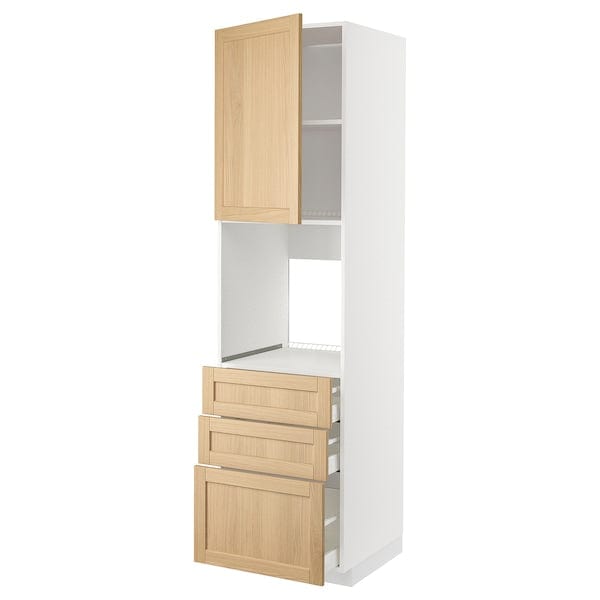 METOD / MAXIMERA - High cab f oven w door/3 drawers, white/Forsbacka oak, 60x60x220 cm